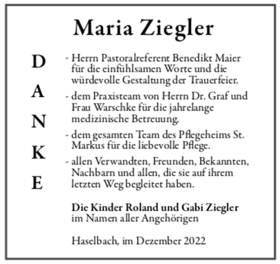 Todesanzeige von Maria Ziegler von trauer.de