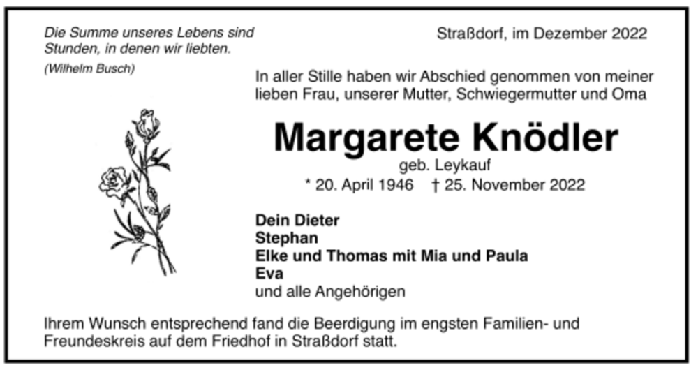  Traueranzeige für Margarete Knödler vom 02.12.2022 aus trauer.de
