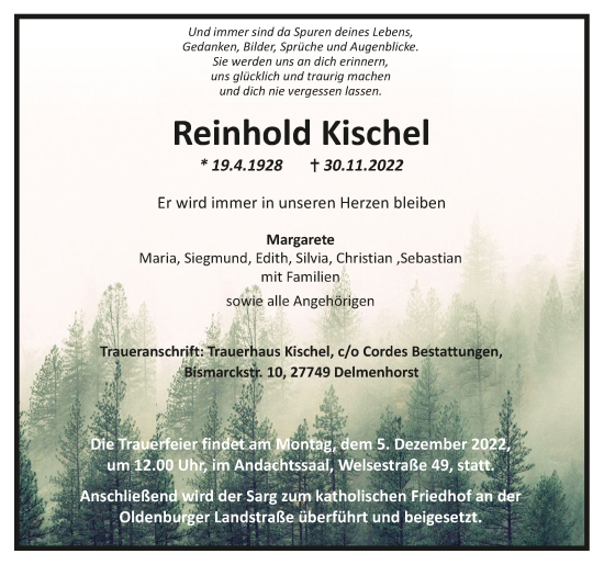 Todesanzeige von Reinhold Kischel von trauer.de