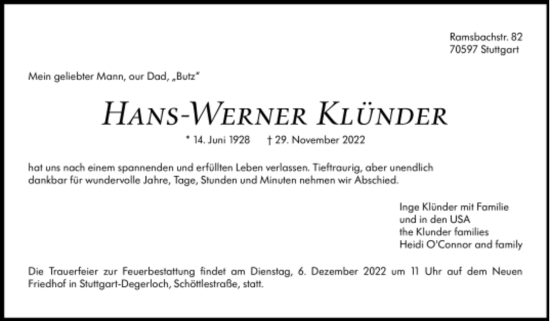 Todesanzeige von Hans-Werner Klünder von trauer.de