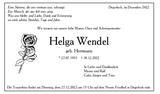 Todesanzeige von Helga Wendel von trauer.de