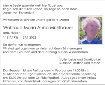 Todesanzeige von Waltraud Maria Anna Mühlbauer von trauer.de