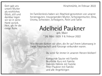 Todesanzeige von Adelheid Paukner von trauer.de