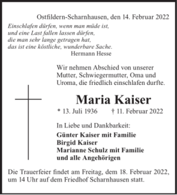 Todesanzeige von Maria Kaiser von Trauer.de