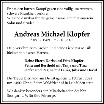 Todesanzeige von Andreas Michael Klopfer von trauer.de