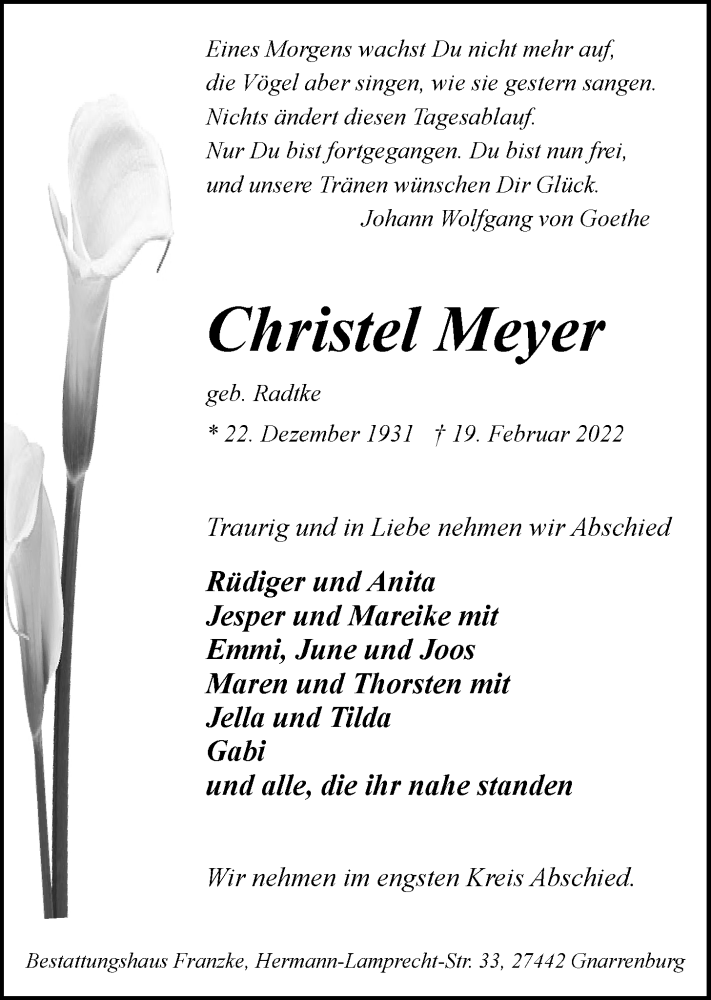  Traueranzeige für Christel Meyer vom 26.02.2022 aus Trauer.de