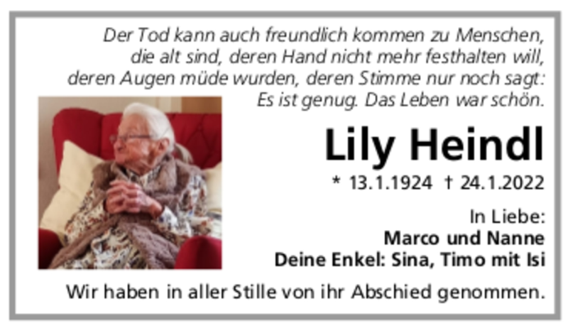  Traueranzeige für Lily Heindl vom 02.02.2022 aus trauer.de