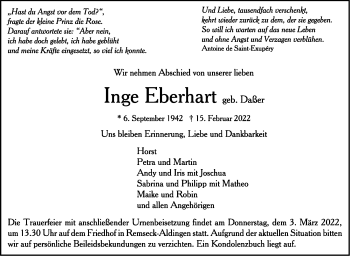 Todesanzeige von Inge Eberhart von Trauer.de
