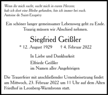 Todesanzeige von Siegfried Geißler von Trauer.de