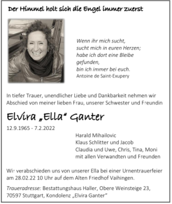 Todesanzeige von Elvira Ganter von Trauer.de
