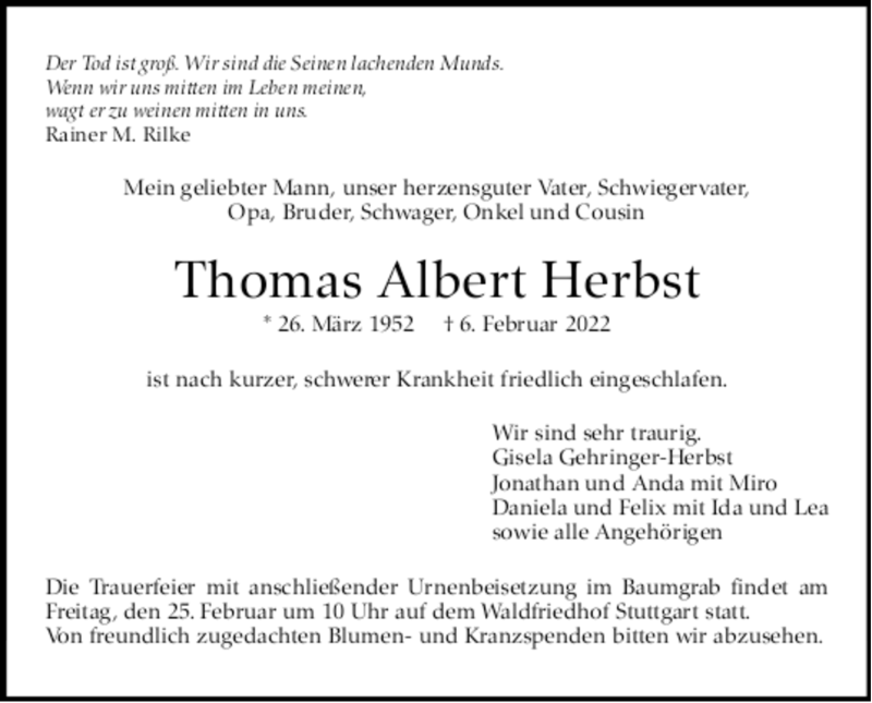  Traueranzeige für Thomas Albert Herbst vom 19.02.2022 aus trauer.de
