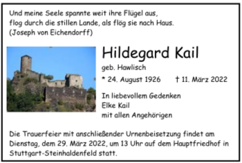 Todesanzeige von Hildegard Kail von Trauer.de