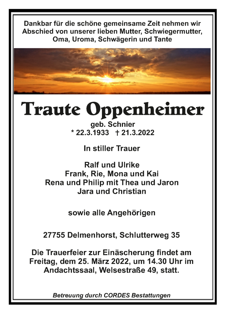  Traueranzeige für Traute Oppenheimer vom 23.03.2022 aus trauer.de