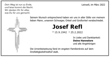 Todesanzeige von Josef Refl von Trauer.de