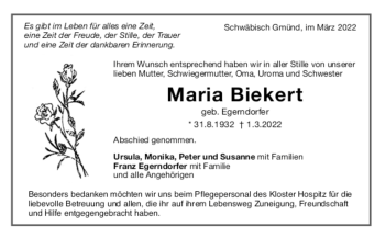 Todesanzeige von Maria Biekert von Trauer.de