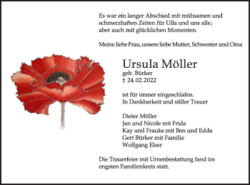 Todesanzeige von Ursula Möller von Trauer.de