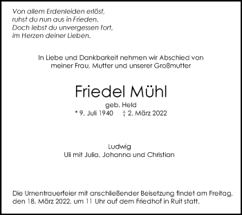 Todesanzeige von Friedel Mühl von Trauer.de