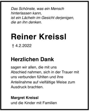 Todesanzeige von Reiner Kreissl von Trauer.de