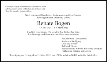 Todesanzeige von Renate Bogen von Trauer.de