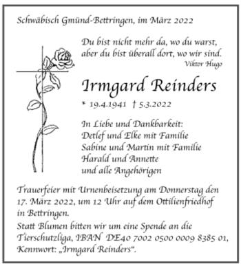 Todesanzeige von Irmgard Reinders von Trauer.de