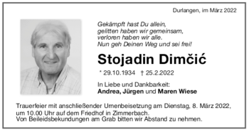 Todesanzeige von Stojadin Dimcic von Trauer.de