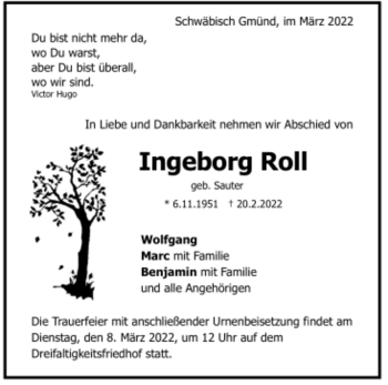Todesanzeige von Ingeborg Roll von Trauer.de