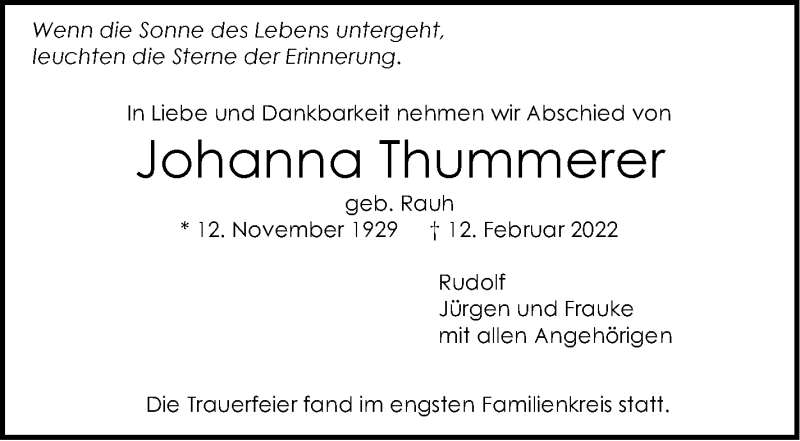  Traueranzeige für Johanna Thummerer vom 07.03.2022 aus Trauer.de