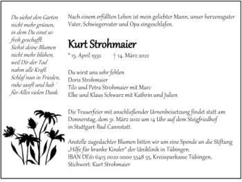 Todesanzeige von Kurt Strohmaier von Trauer.de