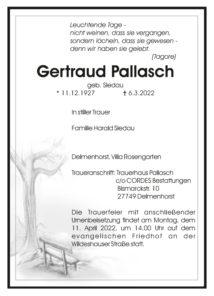  Traueranzeige für Gertraud Pallasch vom 02.04.2022 aus Trauer.de