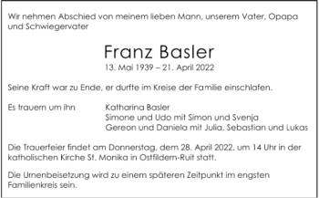 Todesanzeige von Franz Basler von Trauer.de