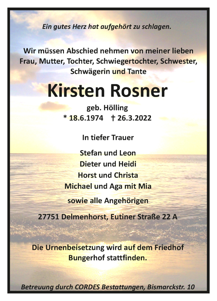  Traueranzeige für Kirsten Rosner vom 02.04.2022 aus Trauer.de