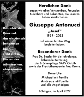 Todesanzeige von Giuseppe Antonucci von trauer.de
