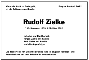 Todesanzeige von Rudolf Zielke von Trauer.de