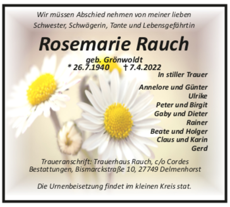  Traueranzeige für Rosemarie Rauch vom 16.04.2022 aus trauer.de