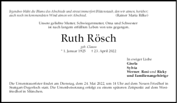 Todesanzeige von Ruth Rösch von trauer.de
