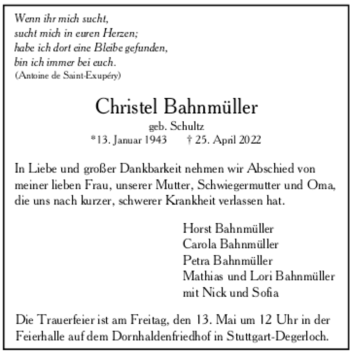 Todesanzeige von Christel Bahnmüller von trauer.de