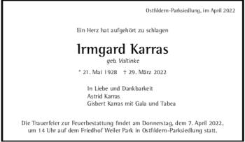 Todesanzeige von Irmgard Karras von trauer.de
