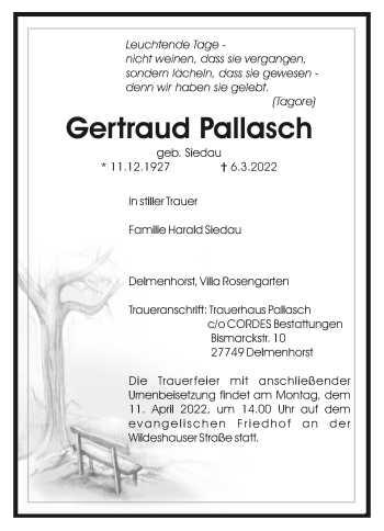 Todesanzeige von Gertraud Pallasch von Trauer.de