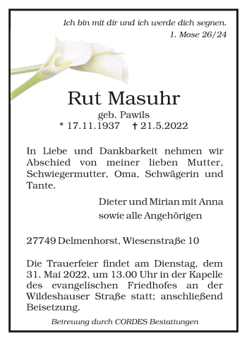 Todesanzeige von Rut Masuhr von Trauer.de