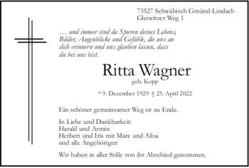 Todesanzeige von Ritta Wagner von trauer.de