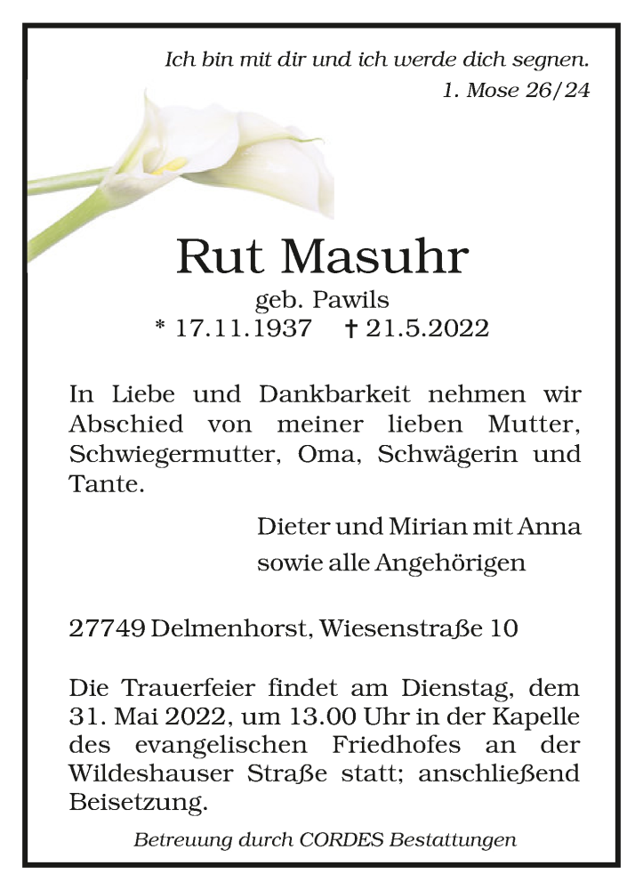  Traueranzeige für Rut Masuhr vom 27.05.2022 aus Trauer.de