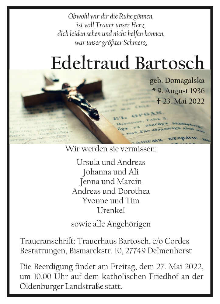  Traueranzeige für Edeltraud Bartosch vom 25.05.2022 aus trauer.de
