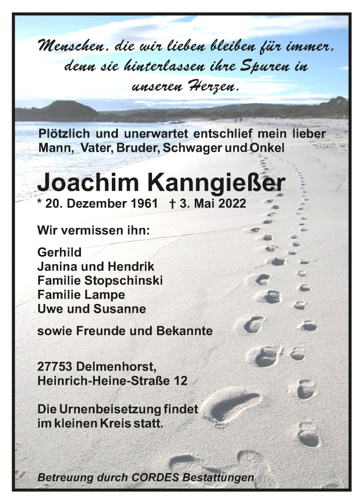  Traueranzeige für Joachim Kanngießer vom 07.05.2022 aus Trauer.de