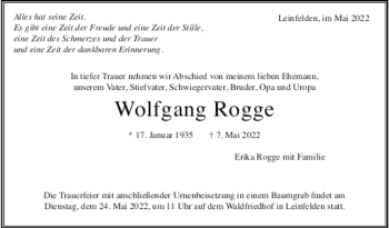 Todesanzeige von Wolfgang Rogge von trauer.de