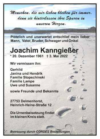 Todesanzeige von Joachim Kanngießer von Trauer.de