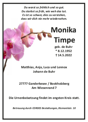 Todesanzeige von Monika Timpe von trauer.de