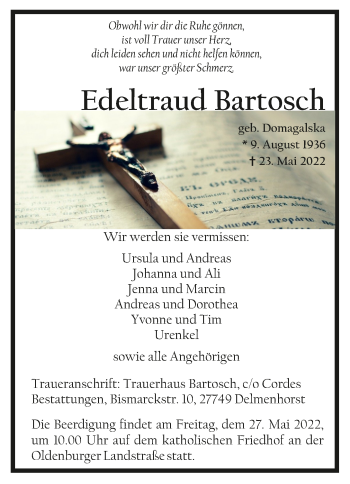Todesanzeige von Edeltraud Bartosch von trauer.de