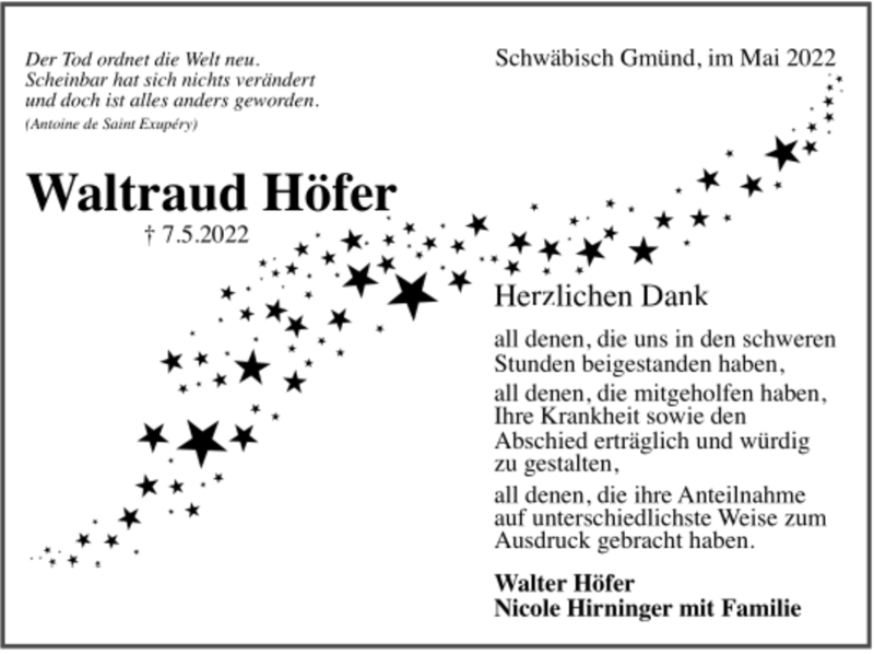  Traueranzeige für Waltraud Höfer vom 28.05.2022 aus Trauer.de