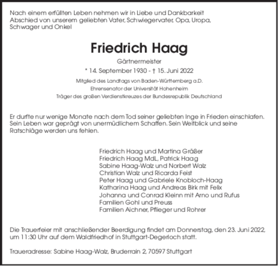 Todesanzeige von Friedrich Haag von trauer.de