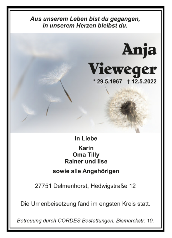 Todesanzeige von Anja Vieweger von Trauer.de
